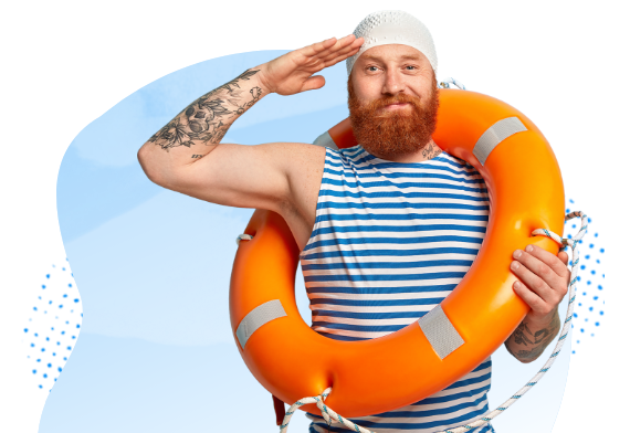 Man with life buoy in salute pose