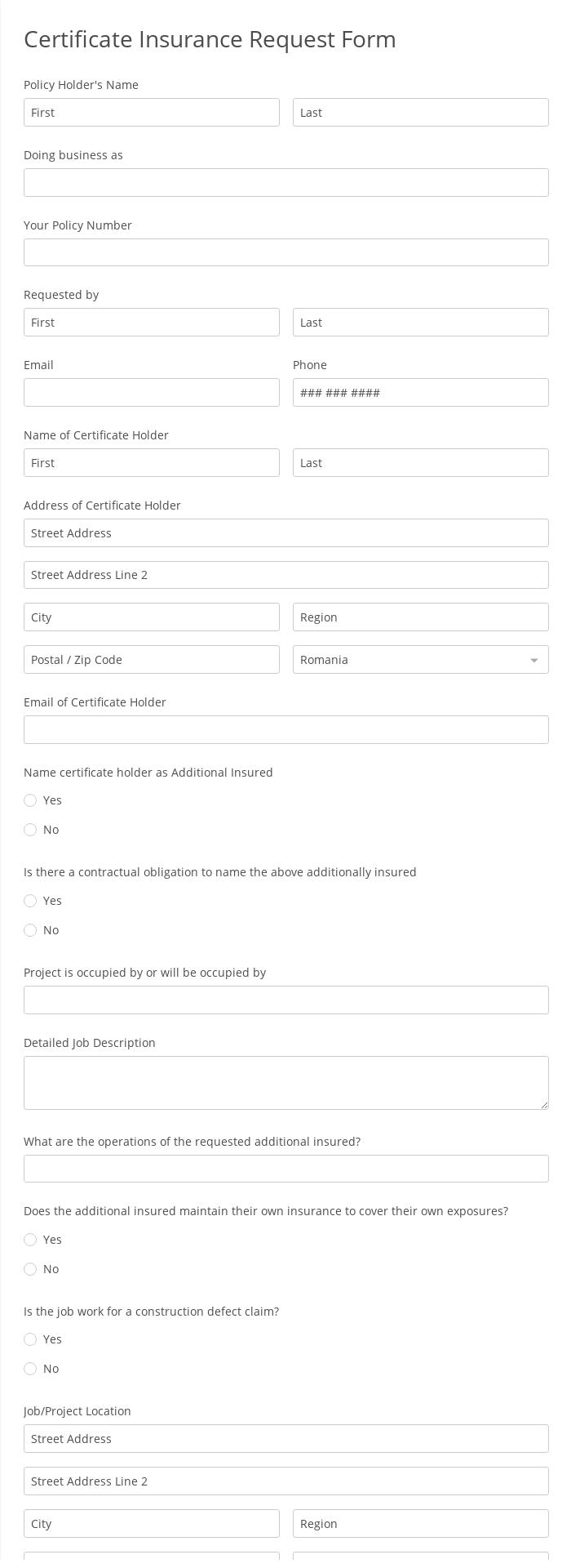 Certificate Insurance Request Form