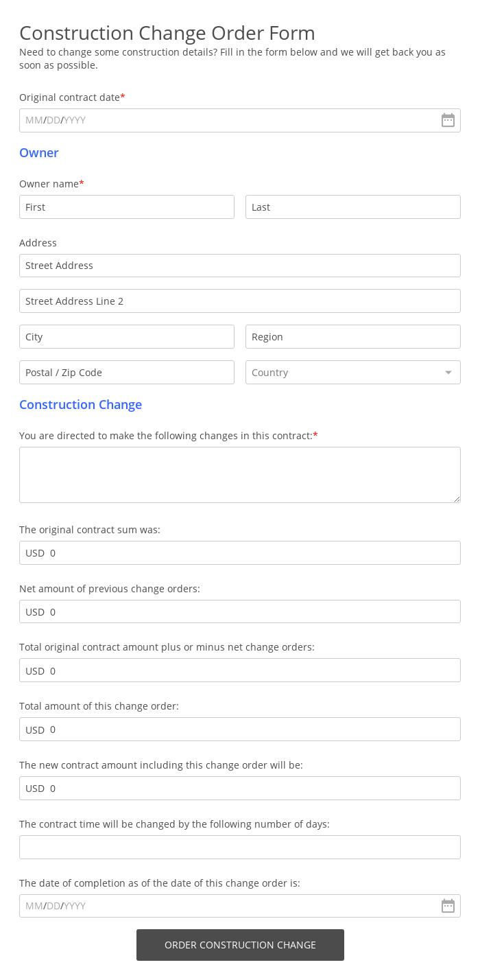Construction Change Order Form