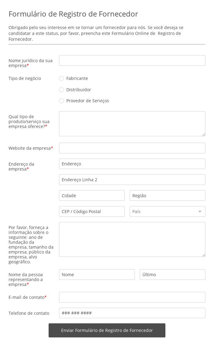 Formulário de Registro de Fornecedor