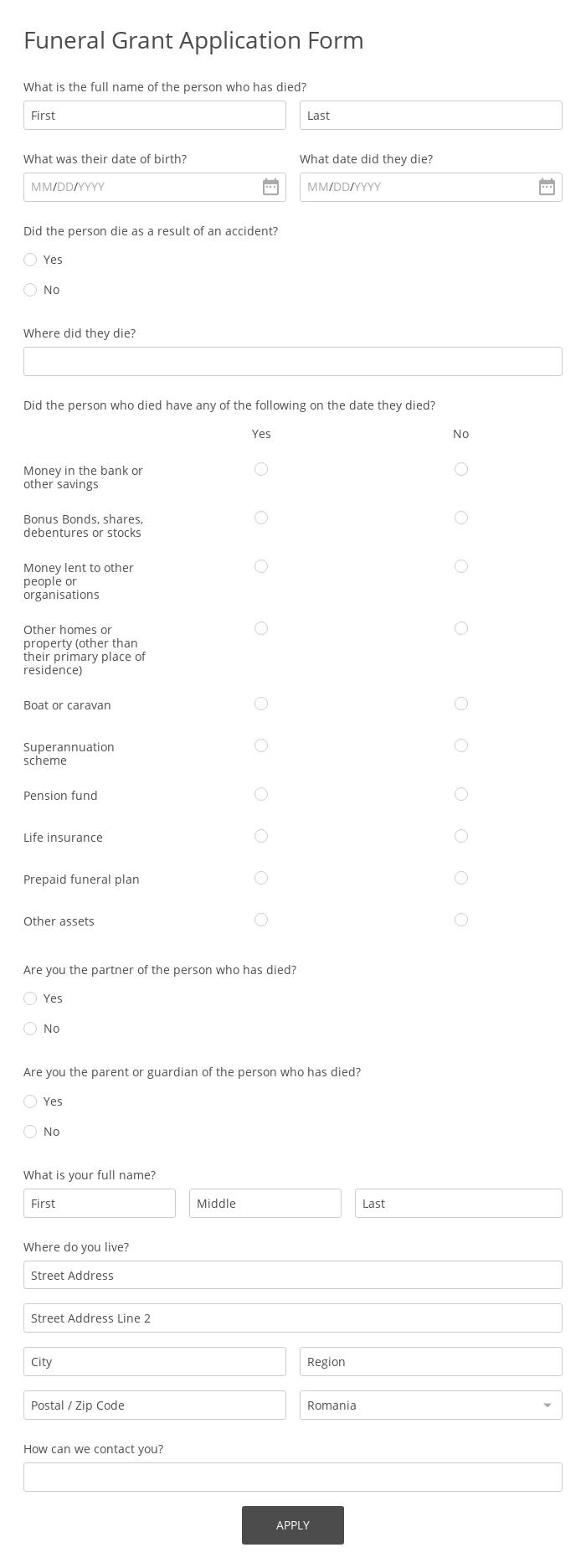 Funeral Grant Application Form