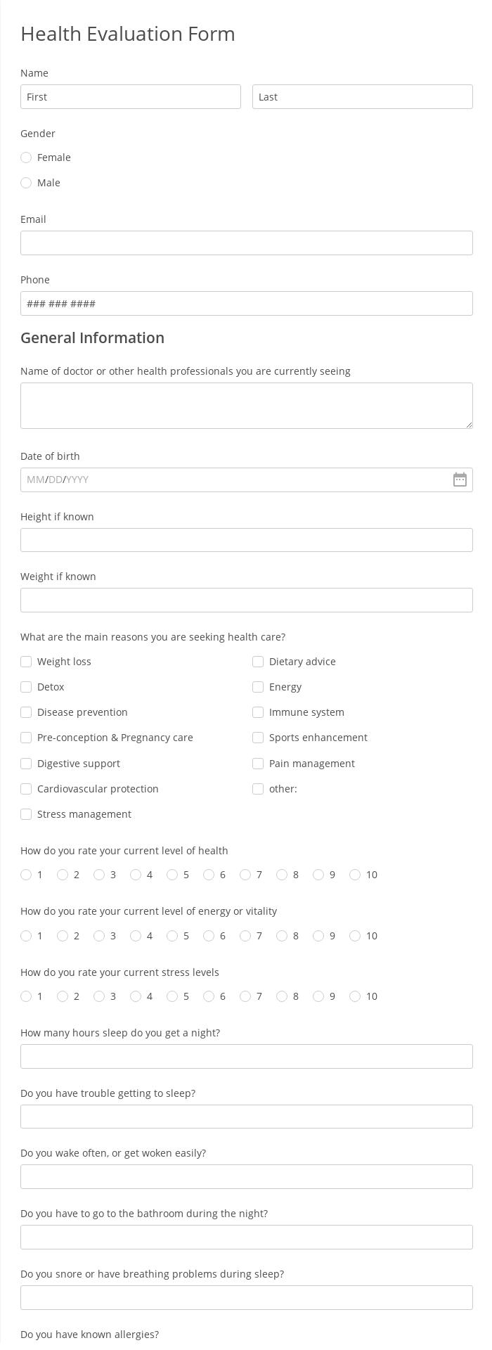 Health Evaluation Form