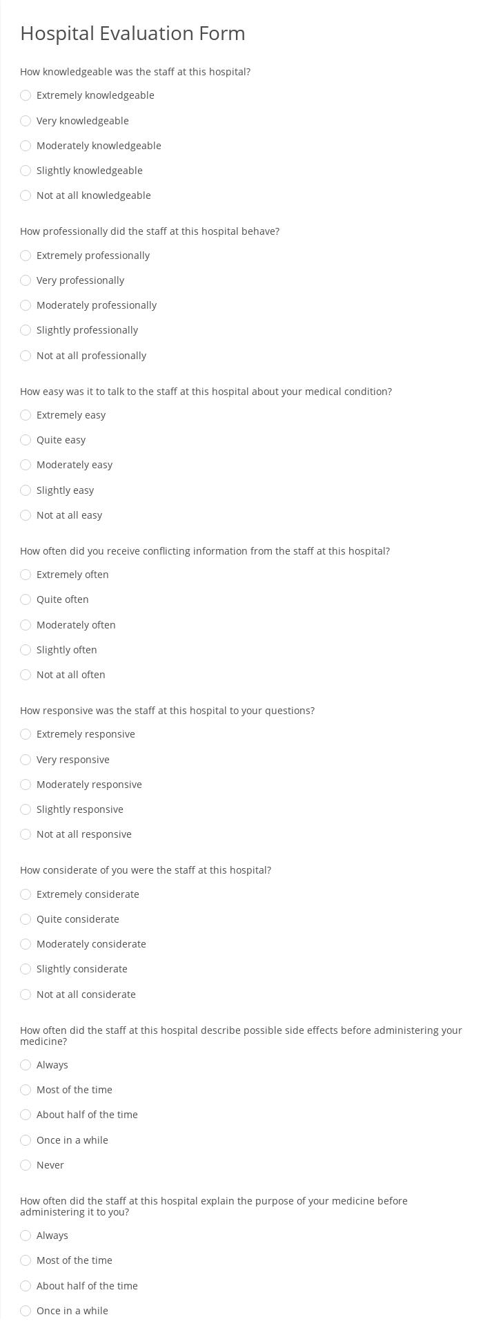 Hospital Evaluation Form