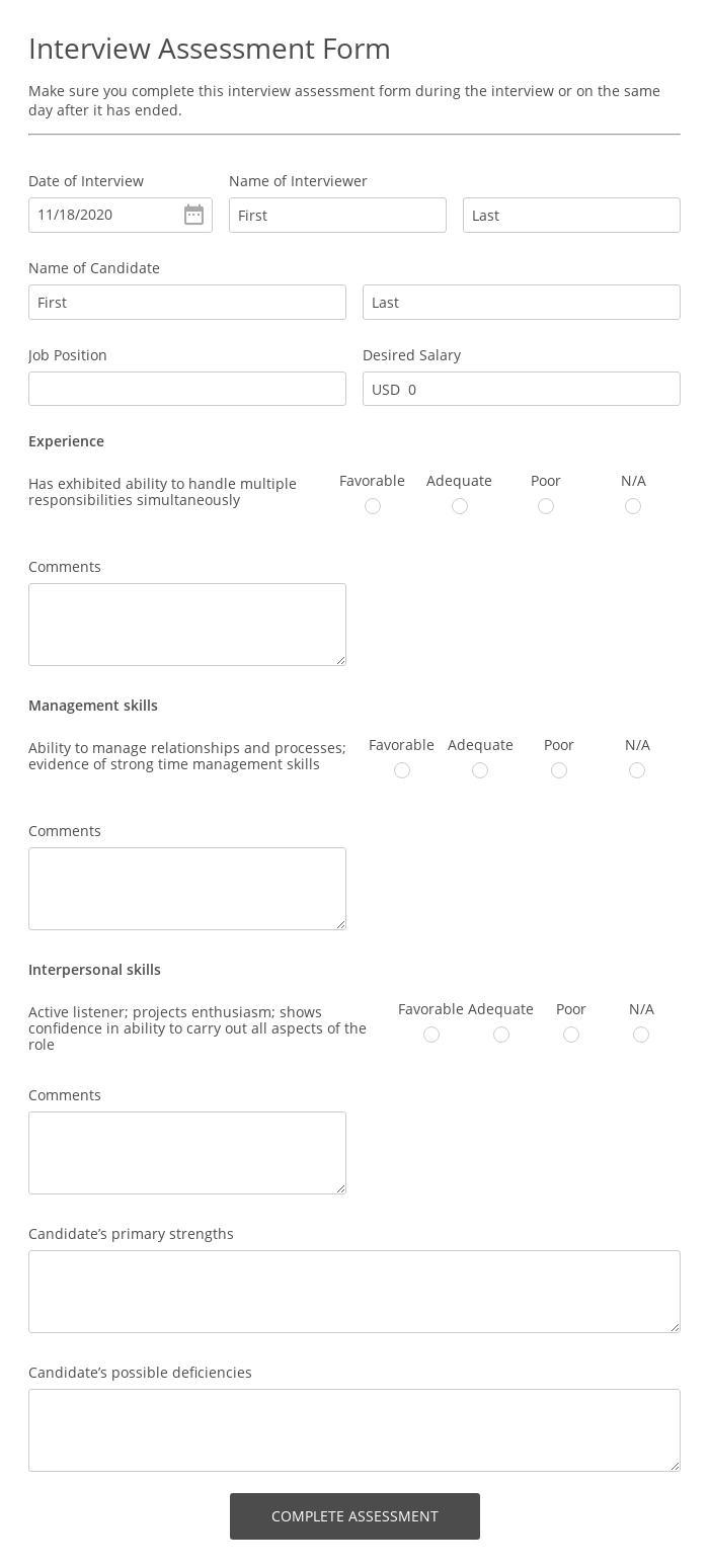Job Interview Assessment Form