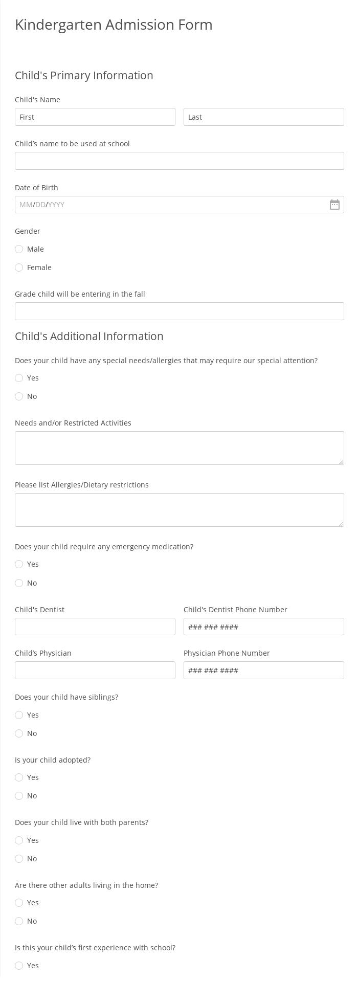 Kindergarten Admission Form