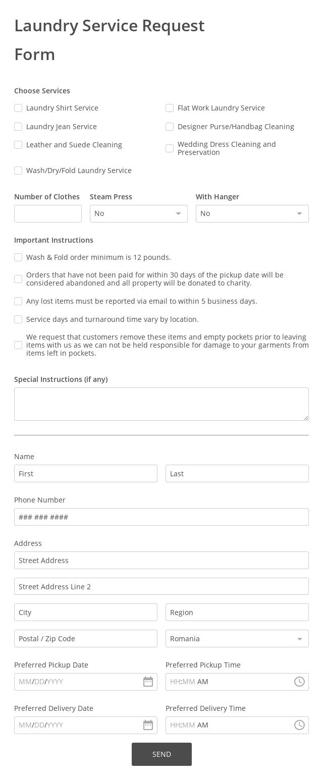 Laundry Service Request Form