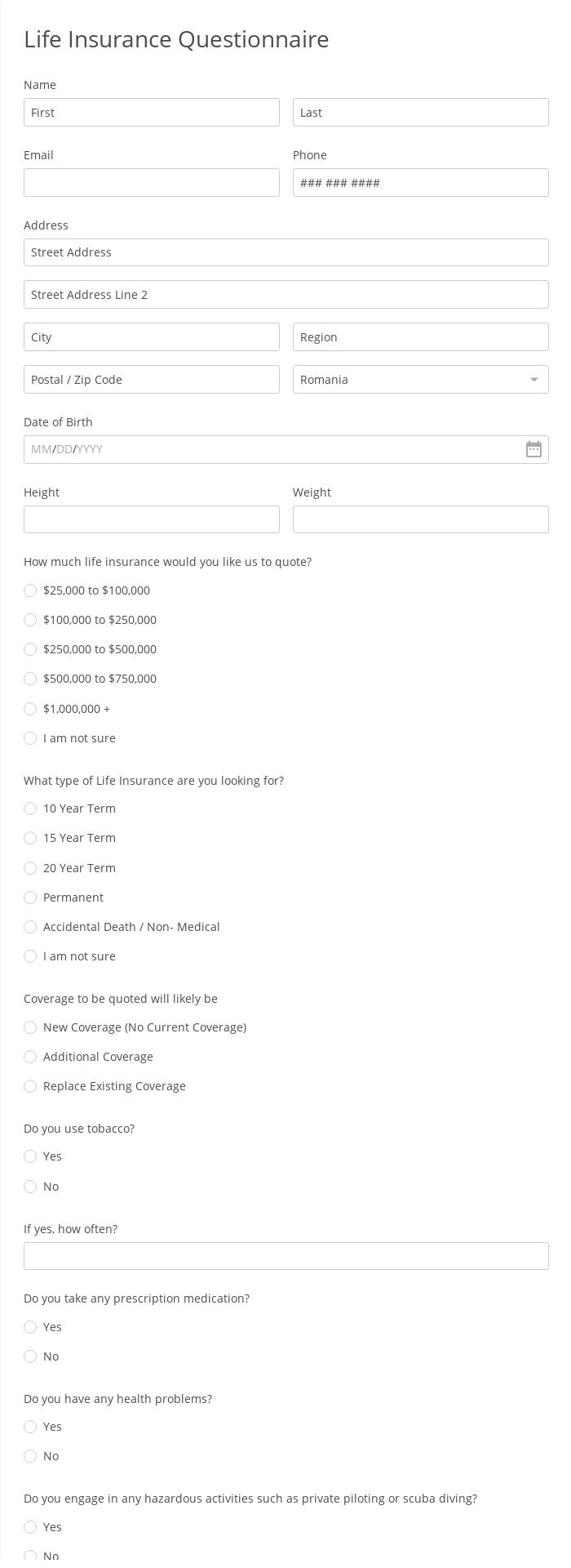 Life Insurance Questionnaire