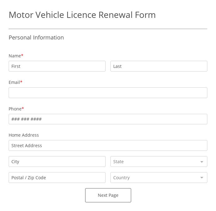 Motor Vehicle License Renewal Form