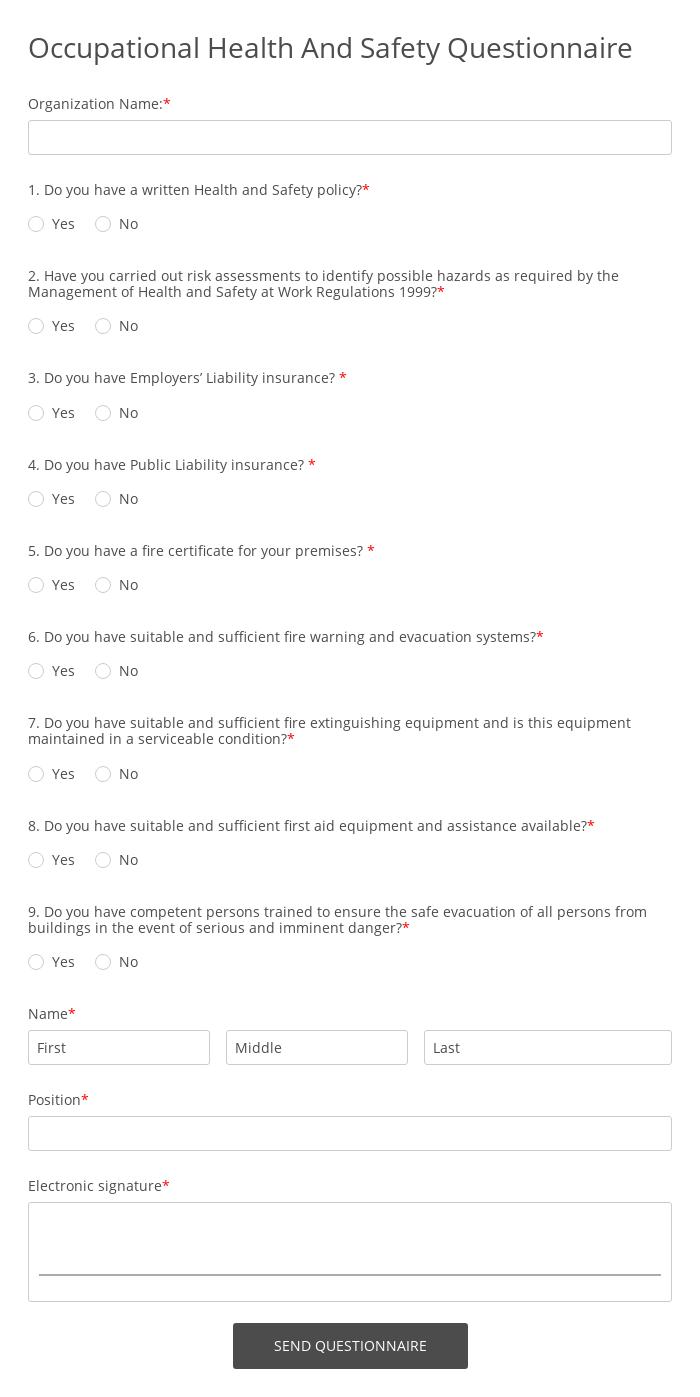 Occupational Health And Safety Questionnaire