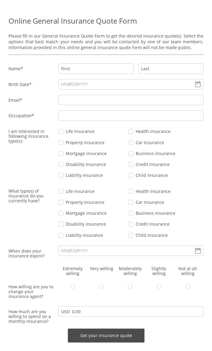 Online General Insurance Quote Form
