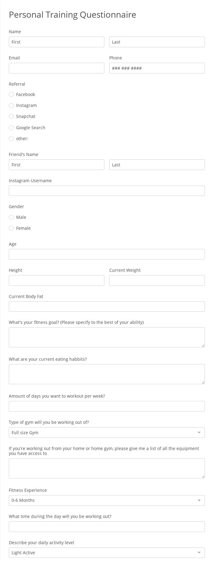 Personal Training Questionnaire