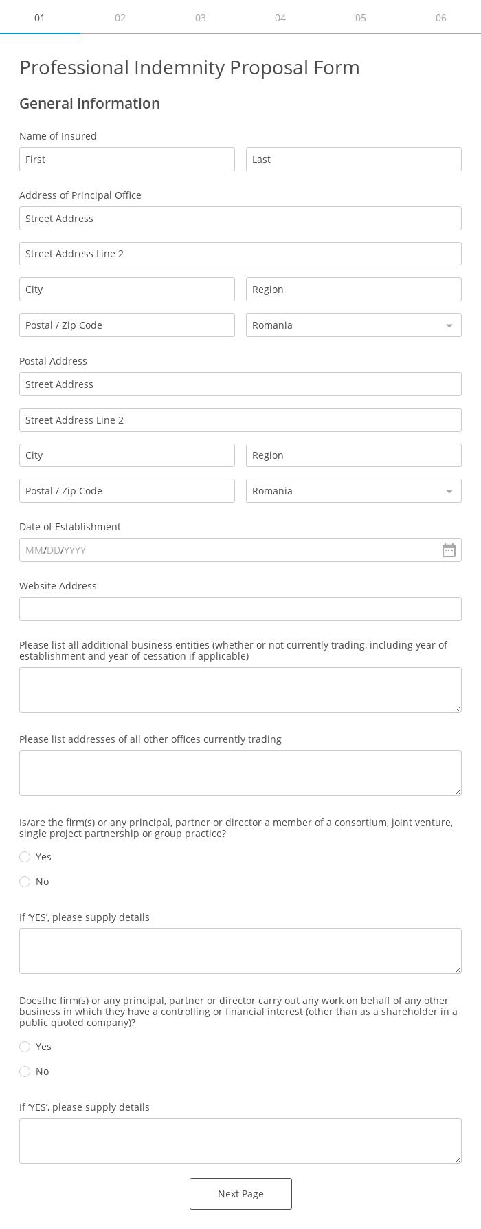 Professional Indemnity Proposal Form