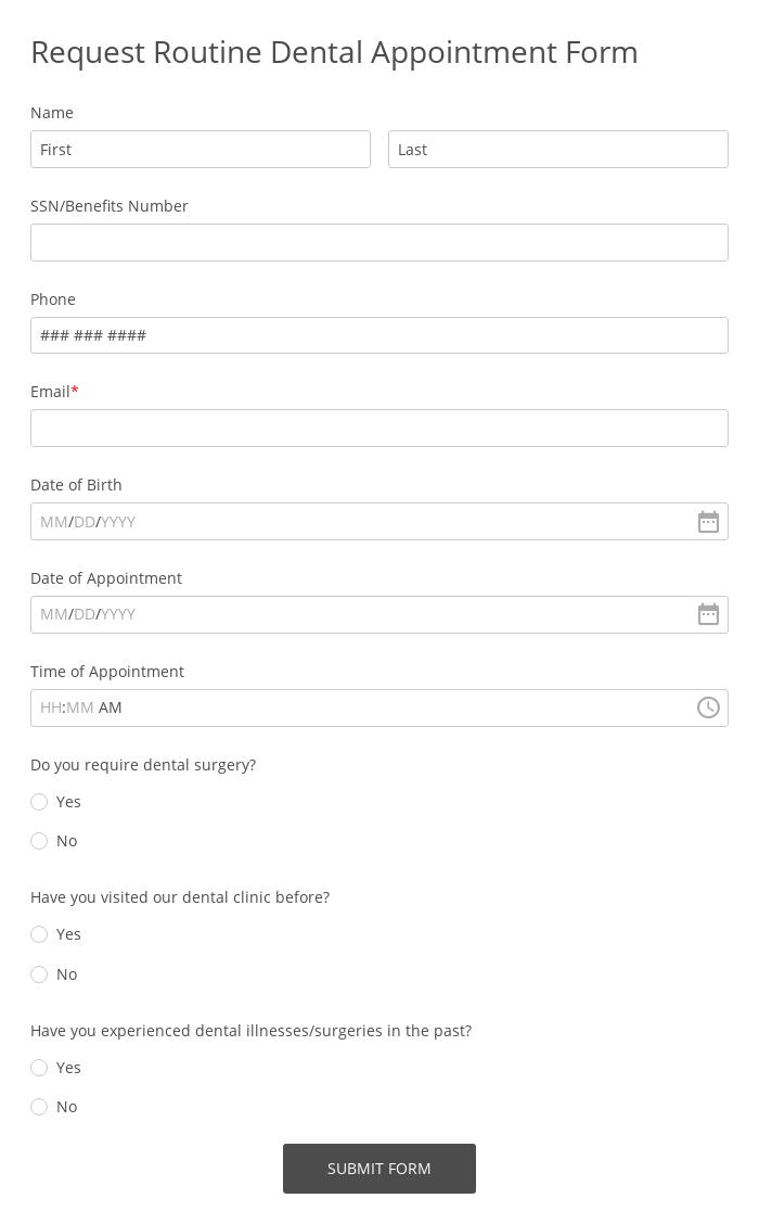 Request Routine Dental Appointment Form