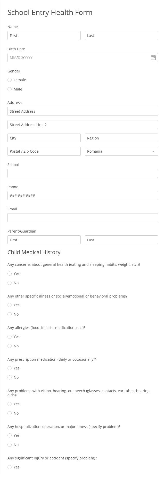 School Entry Health Form