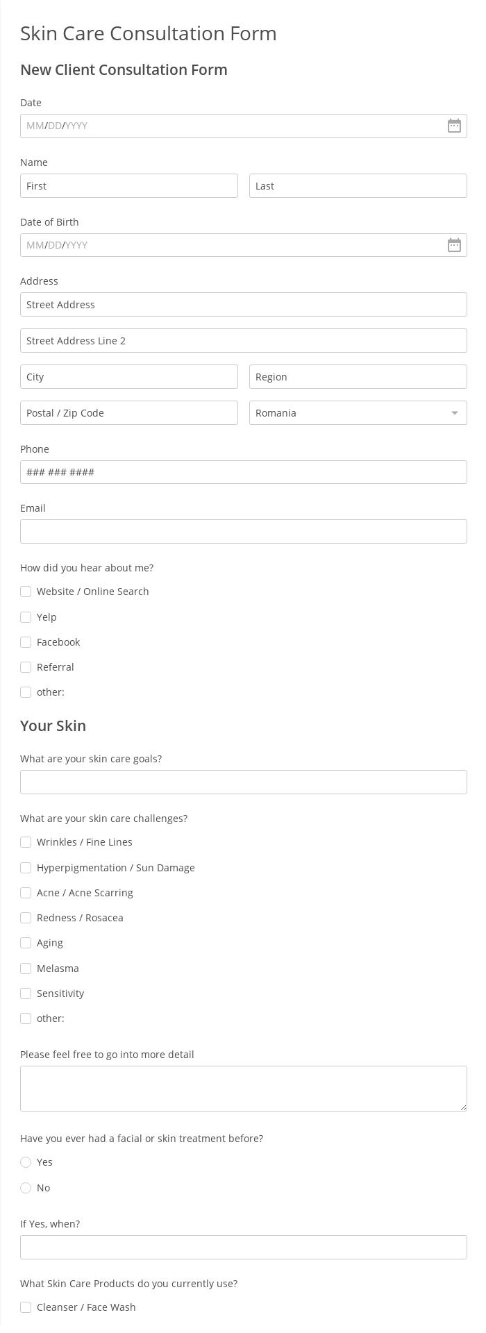 Skin Care Consultation Form