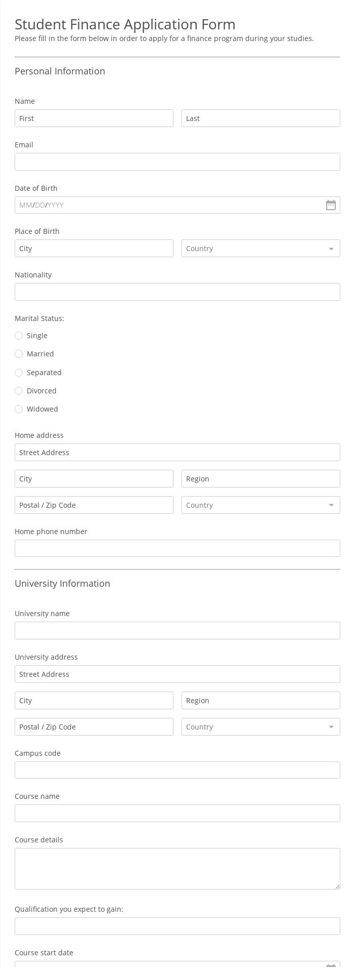 Student Finance Application Form