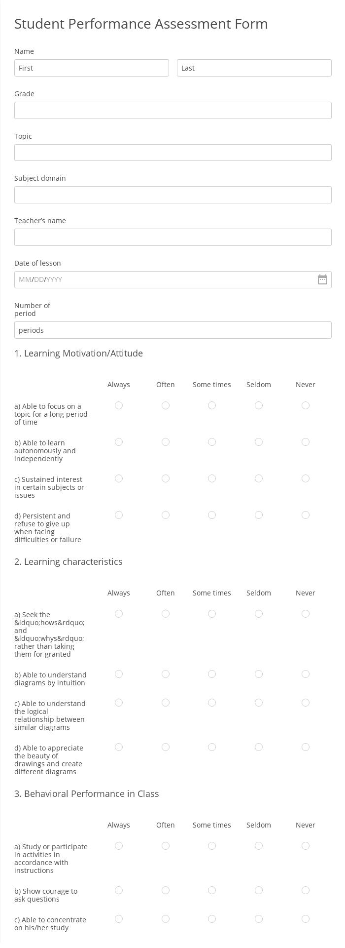 Student Performance Assessment Form