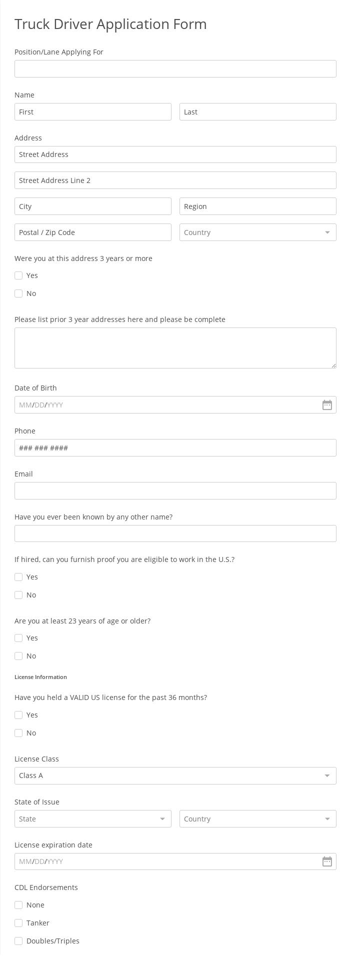 Truck Driver Application Form
