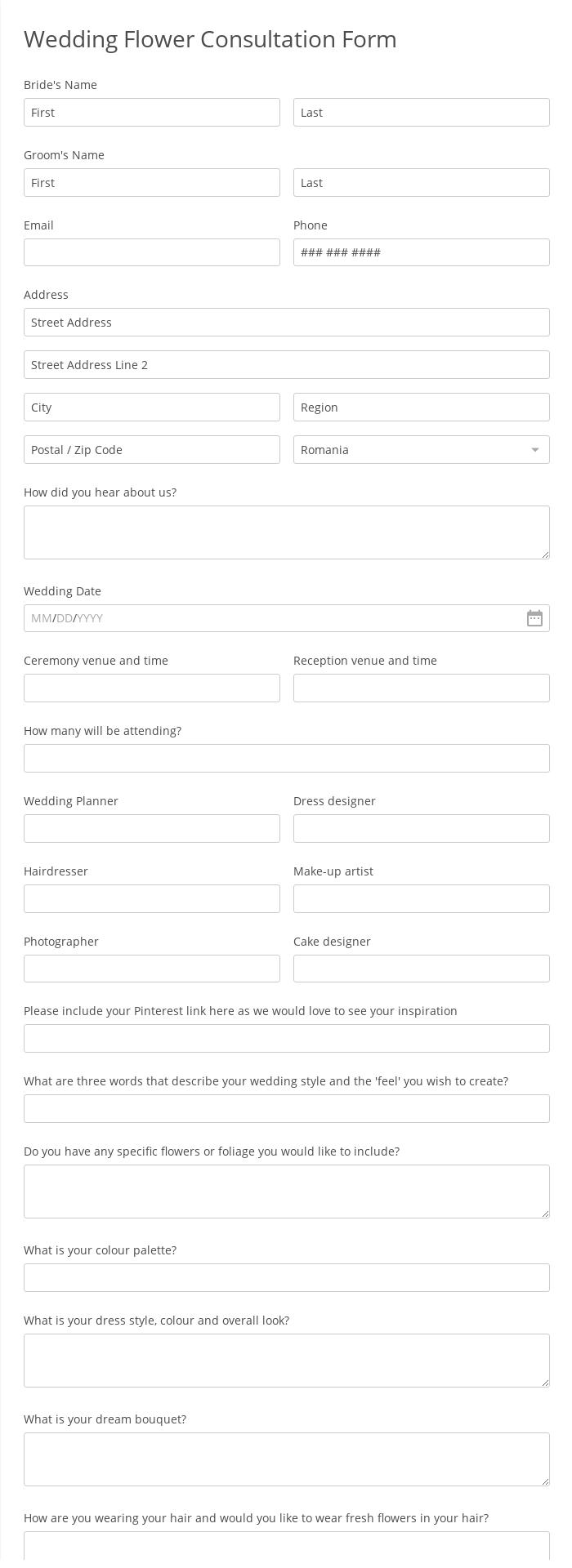 Wedding Flower Consultation Form