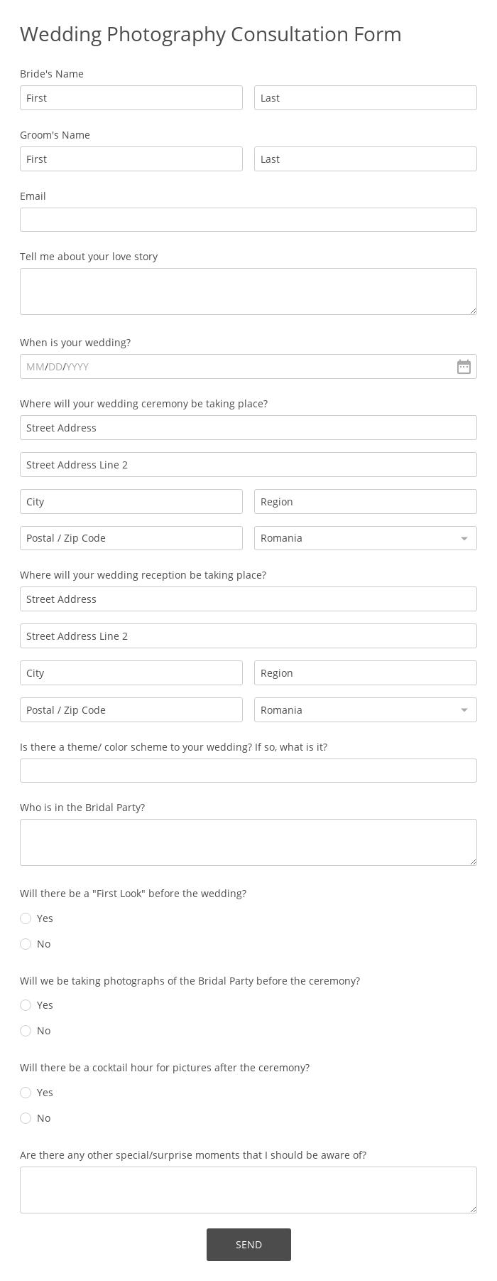 Wedding Photography Consultation Form