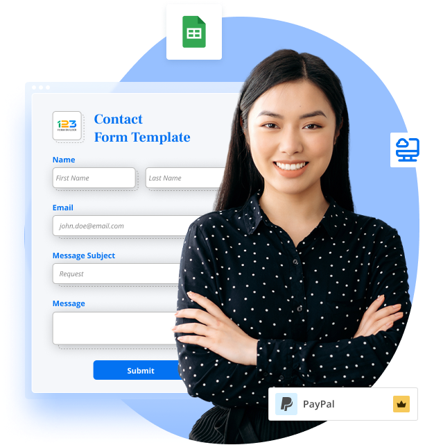 Image showing a contact form template with multiple features like Google Sheets integration and PayPal integration.