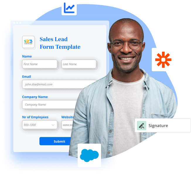 Image showing a sales lead generation form template with multiple features like zapier integration, salesforce integration, data analytics, and e-signature.