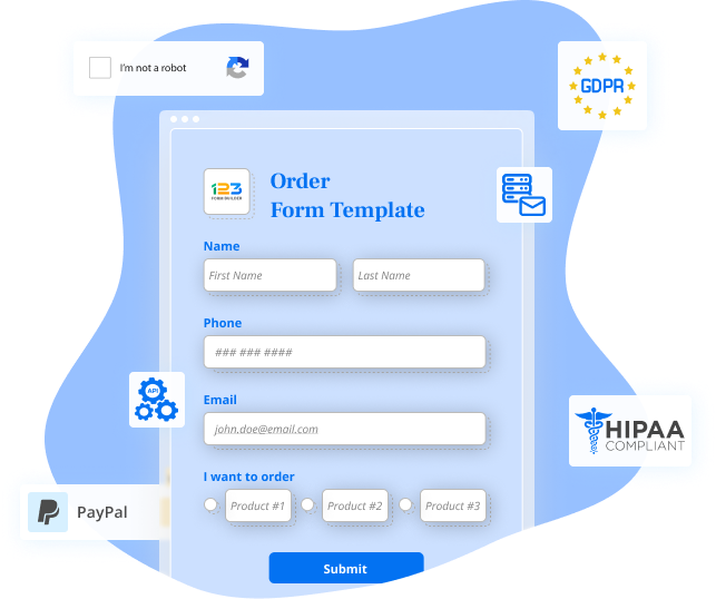 Image showing an order from template with multiple security features like GDPR compliance, HIPAA compliance, recaptcha,  SMTP, SPF & DKIM.