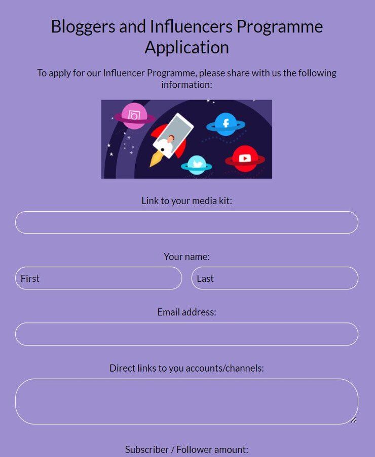 bloggers and influencers program application