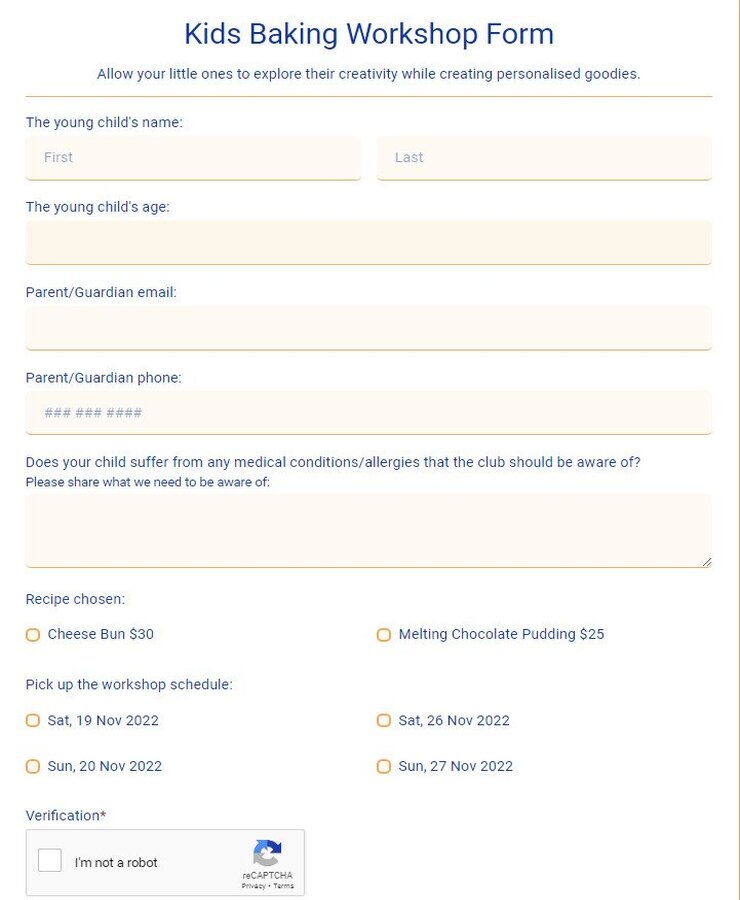 kids baking workshop form