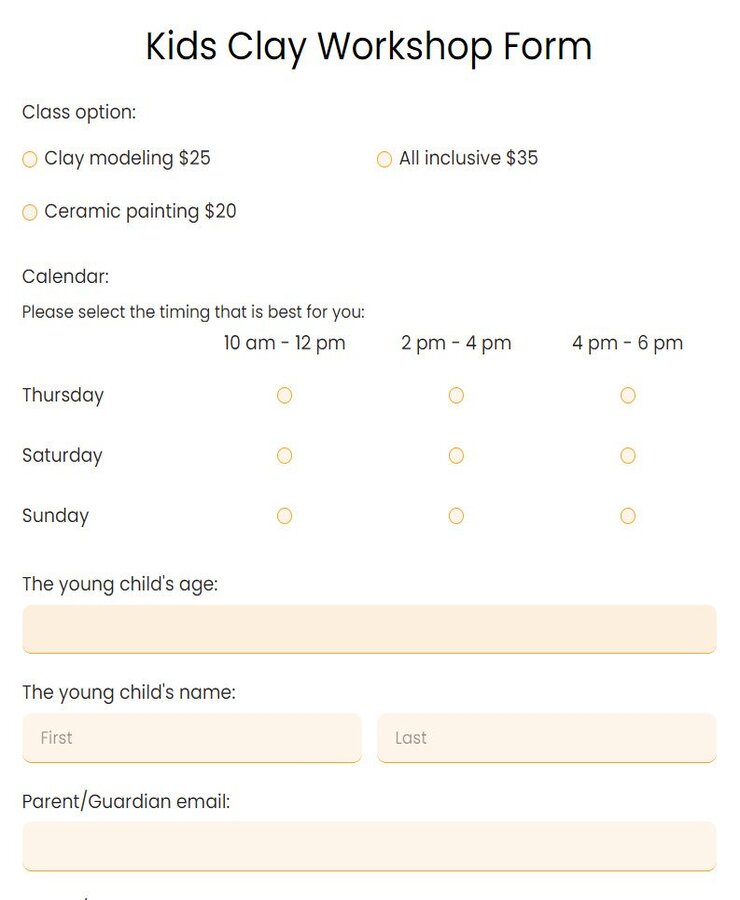 kids clay workshop form