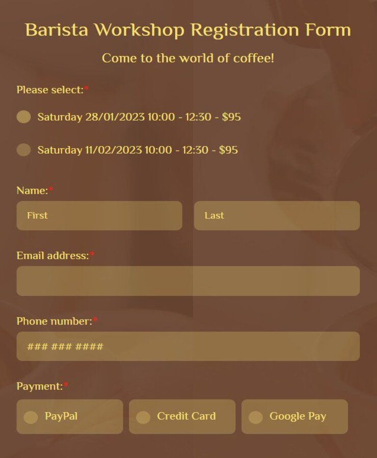 barista workshop registration form