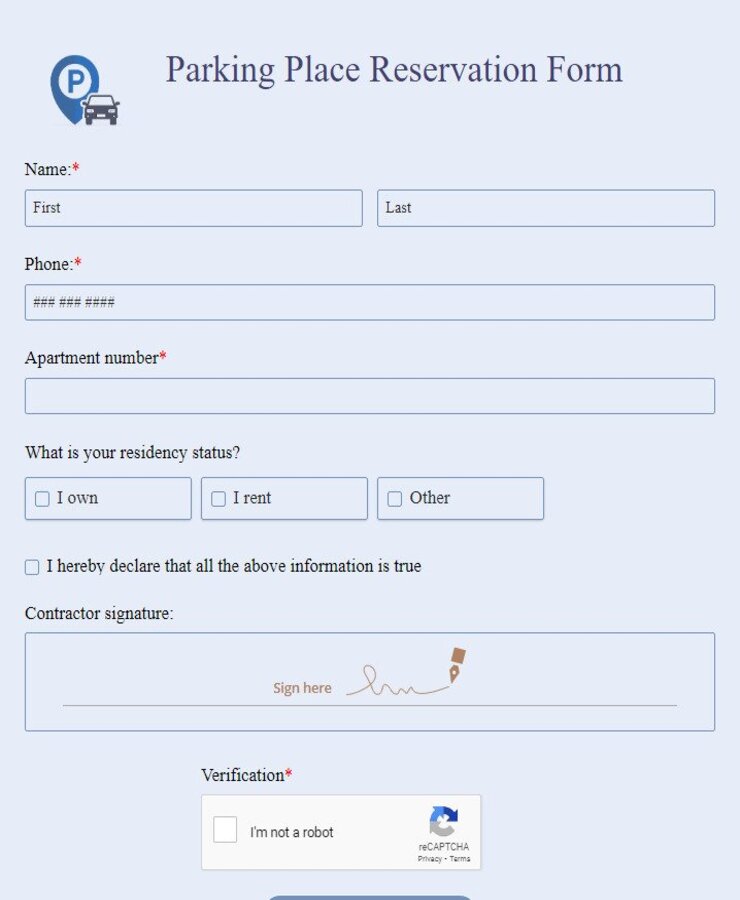 parking place reservation form