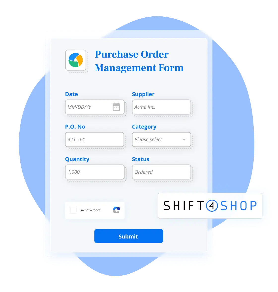 Image showing a purchase order management form integration with Shift4Shop