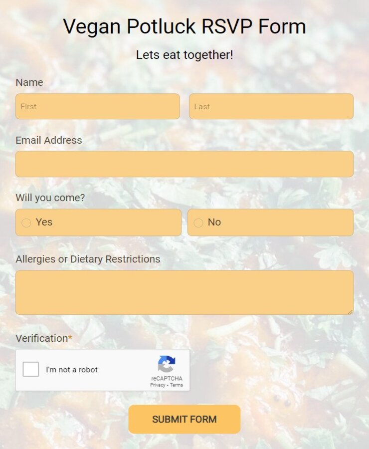 vegan potluck rsvp form