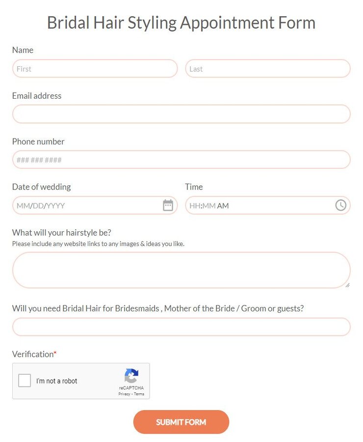 bridal hair styling appointment form