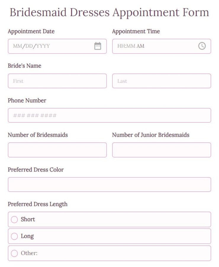 bridesmaid dresses appointment form