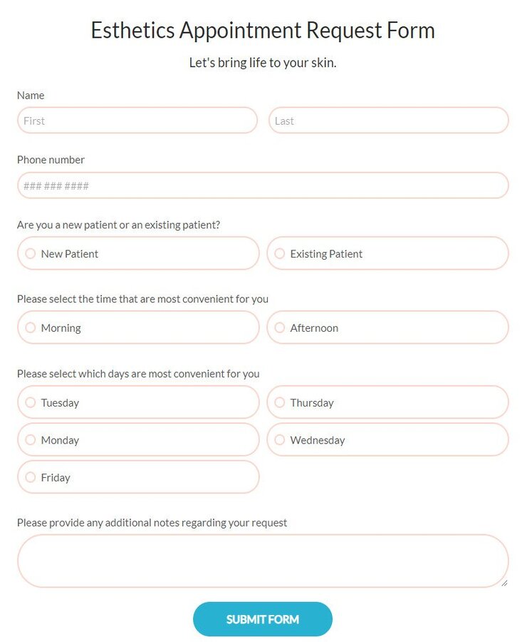 esthetics appointment request form