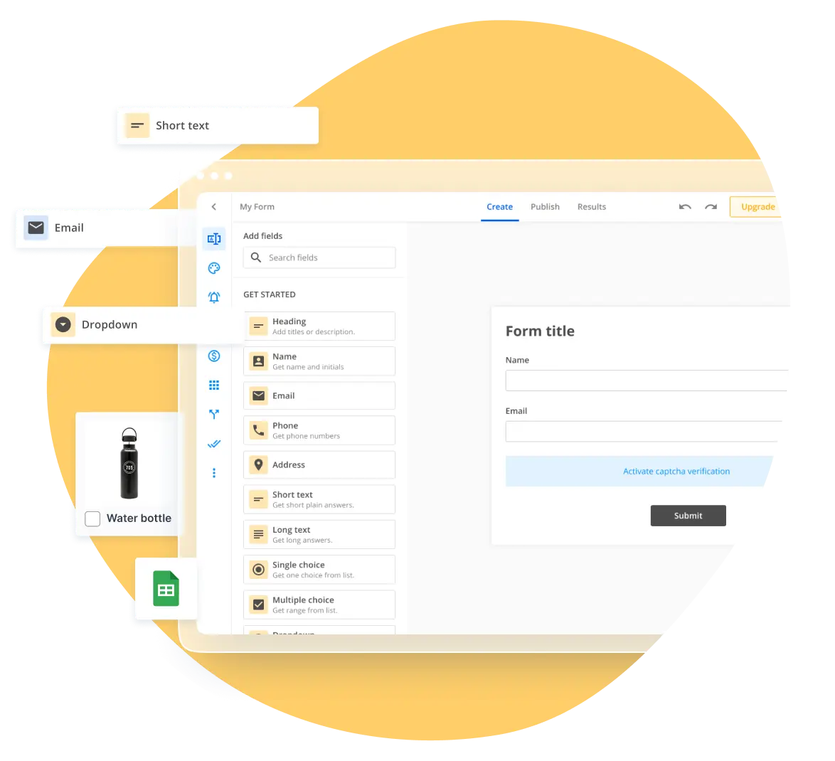 Image showing 123Formbuilder platform with multiple fields like file upload, dropdown, short text, email, google sheets integration and more.