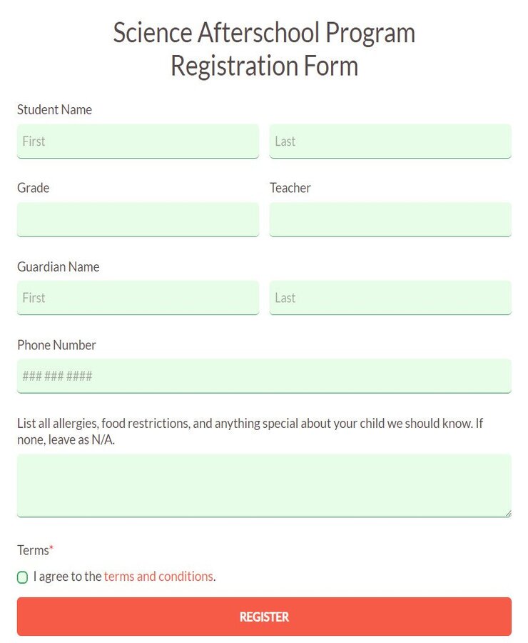 science afterschool program registration form
