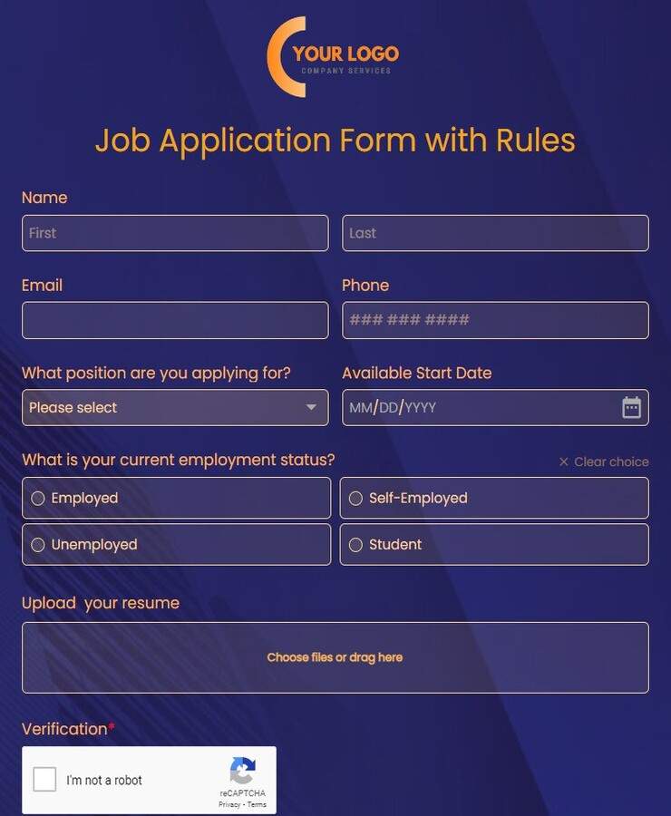 job application form with rules