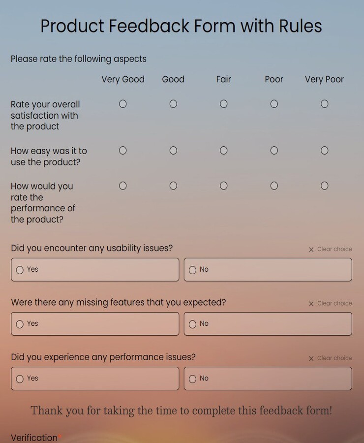 product feedback form with rules