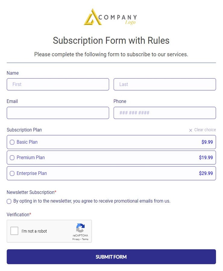 subscription form with rules