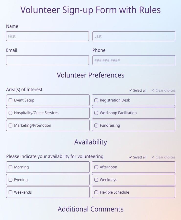 volunteer sign up form with rules