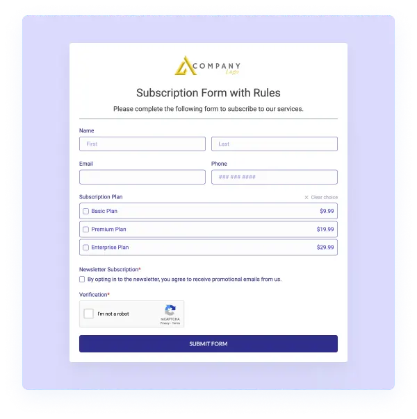 Subscription Form With Rules